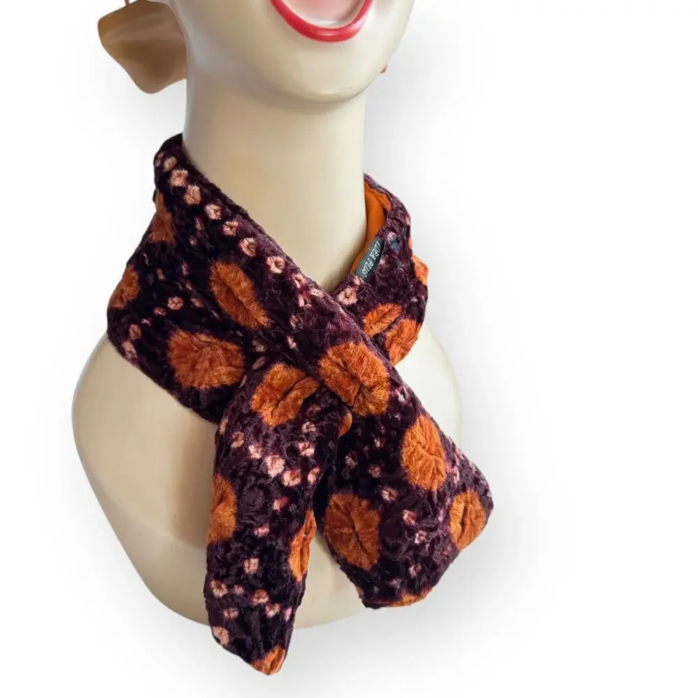 Block Print Reversible Velvet Vintage Pull Through Scarf Orange Mauve Brown 28”